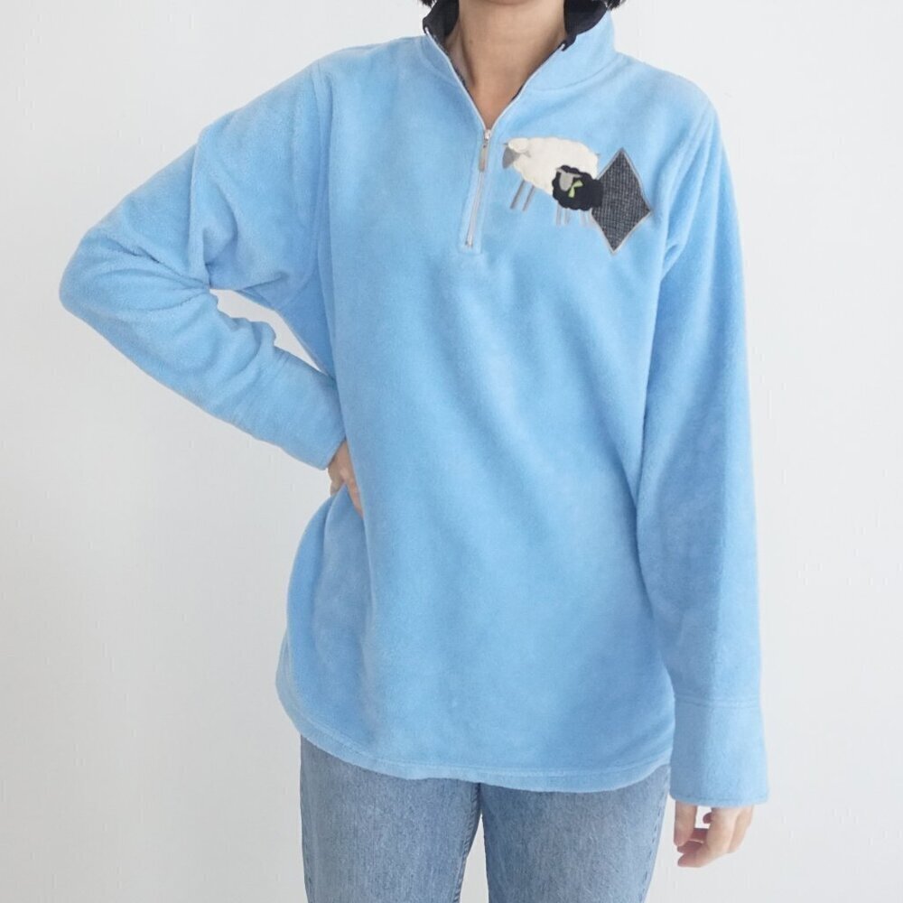 Y2K Alia Blue Embroidered White Sheep Quarter Zip Fleece Pullover Sweater M